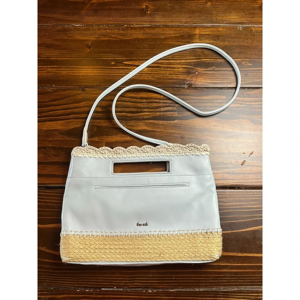 The Sak Bag, Hand Crochet Linden Chambray Light Blue Crossbody Clutch Scalloped